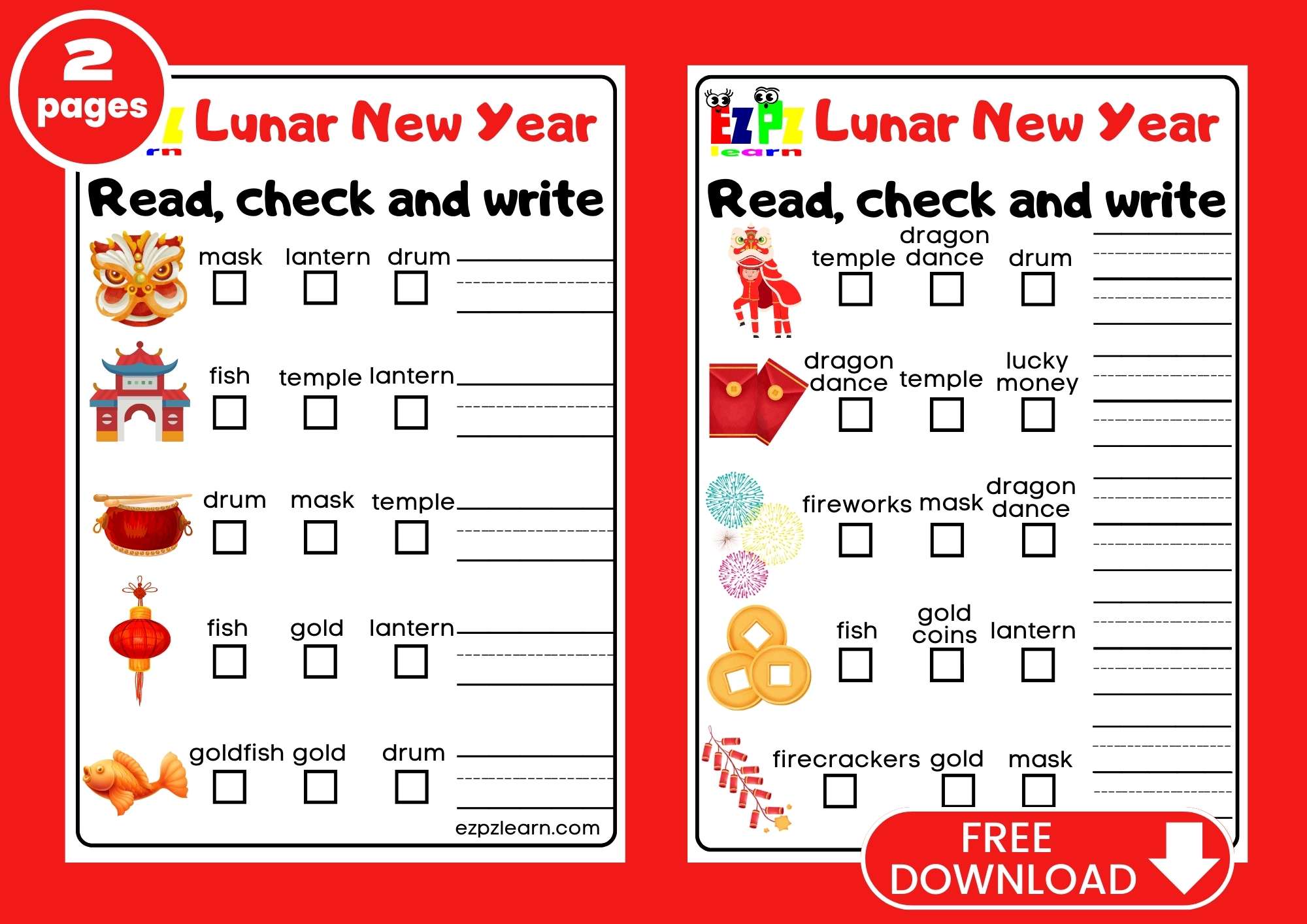 Chinese New Year Read check and write 2 pages Free PDF Download
